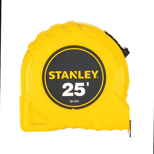 A yellow STANLEY 25 ft Tape Measure with a black label showing Stanley 25 30-455 on the front.